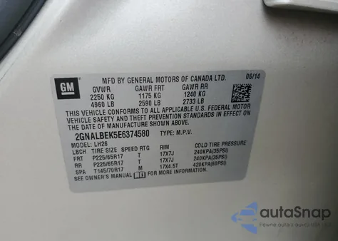 2014 Chevrolet Equinox Lt из США, поврежденный, VIN 2GNALBEK5E6374580